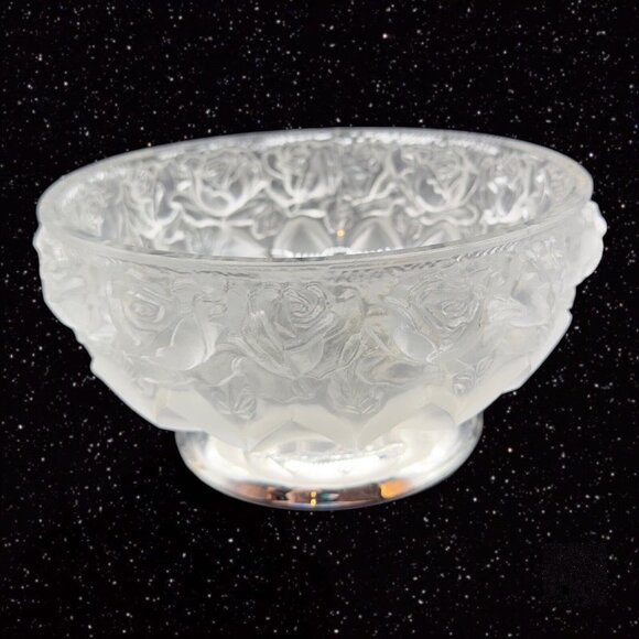 Frosted Satin Crystal Rose Pattern Compote On Silverplate Base Made West Germany - Picture 6 of 13